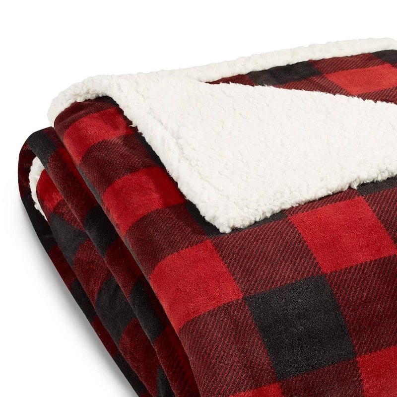Eddie Bauer Plush Plaid Sherpa Blanket - mountain plaid dark red - Twin