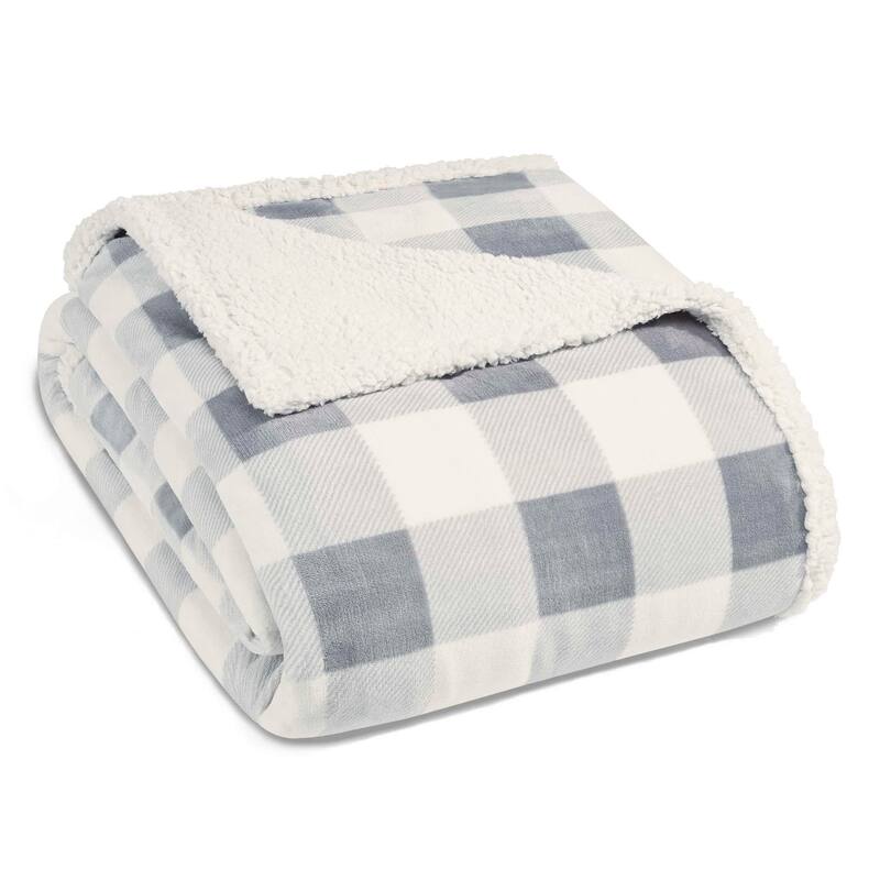 Eddie Bauer Plush Plaid Sherpa Blanket - mountain plaid silver - King