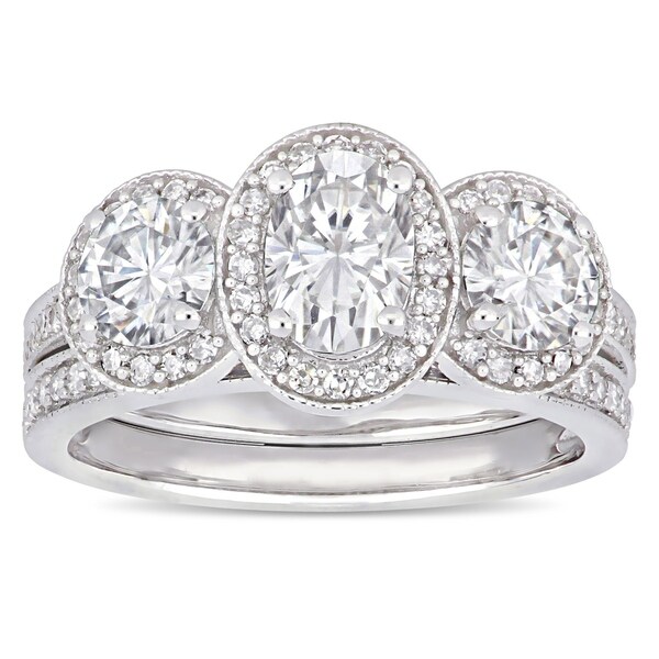 Moissanite by Miadora Signature Collection 14k White Gold 2ct TGW Moissanite and 2/5ct TDW Diamond Bridal Ring Set. Opens flyout.