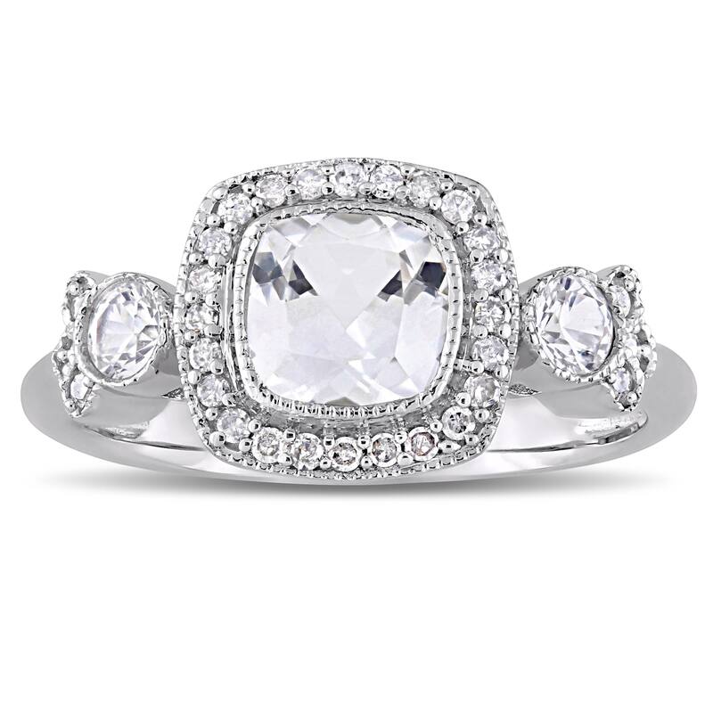 Miadora Signature Collection 10k White Gold Created White Sapphire and 1/6ct TDW Diamond Vintage 3-Stone Halo Engagement Ring