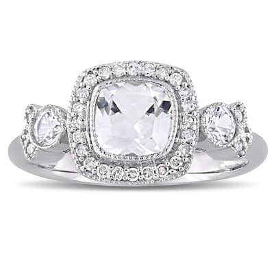 Miadora Signature Collection 10k White Gold Created White Sapphire and 1/6ct TDW Diamond Vintage 3-Stone Halo Engagement Ring