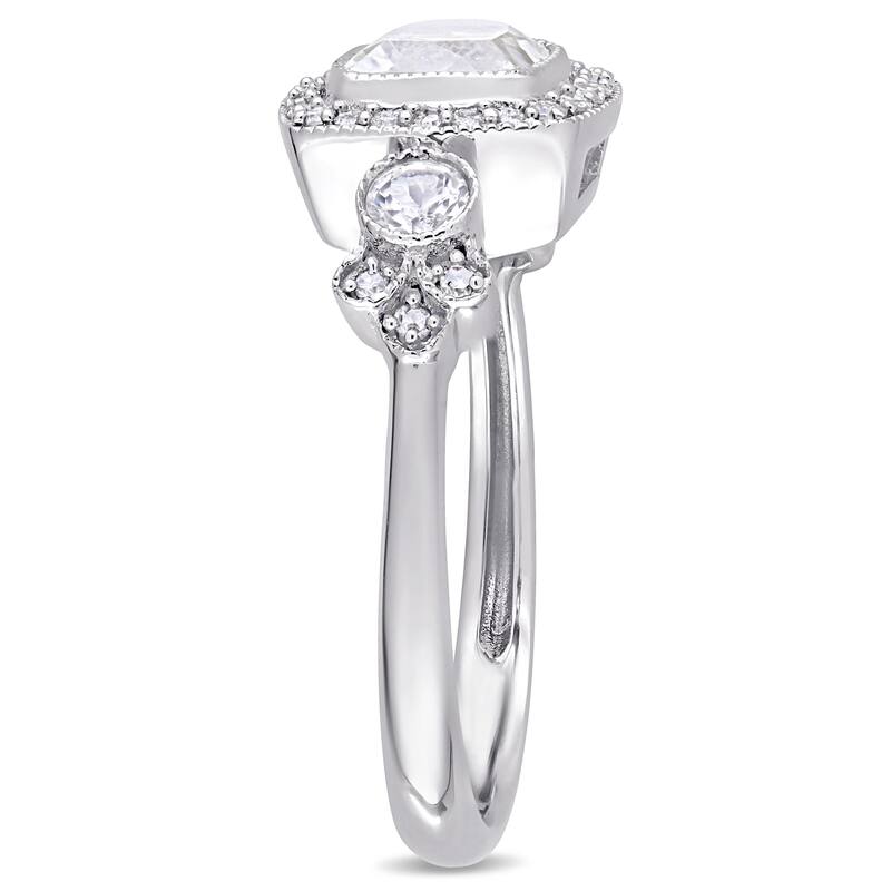 Miadora Signature Collection 10k White Gold Created White Sapphire and 1/6ct TDW Diamond Vintage 3-Stone Halo Engagement Ring