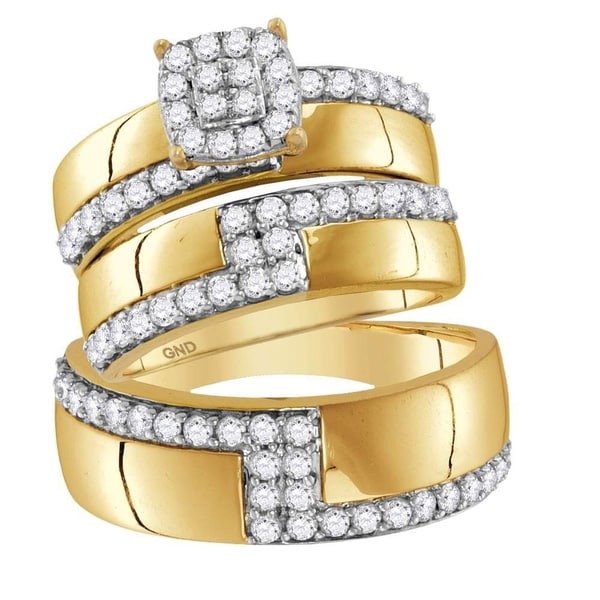 Jewellery 14kt Yellow Gold His & Hers Round Diamond Cluster Matching Bridal Wedding Ring Band Set 1-1/2 Cttw
