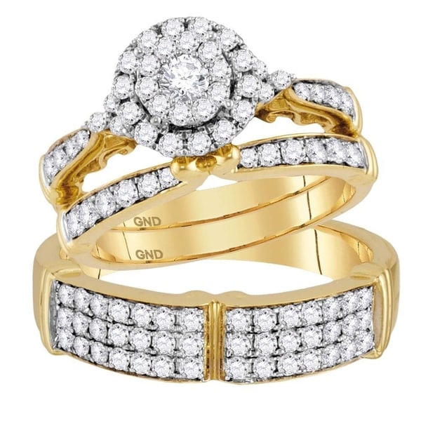 Jewellery 14kt Yellow Gold His & Hers Round Diamond Cluster Matching Bridal Wedding Ring Band Set 1-1/2 Cttw