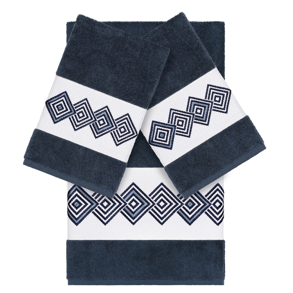 Authentic Hotel and Spa Turkish Cotton Diamonds Embroidered Midnight Blue 3-piece Towel Set