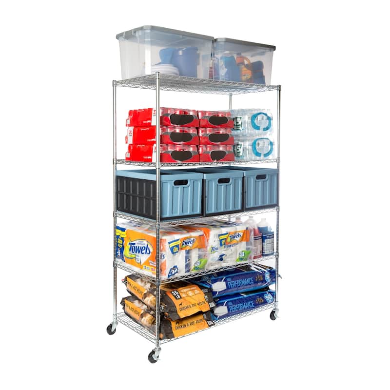 Seville Classics 48 in W x 24 in D x 72 in H, UltraDurable Commercial-Grade 5-Tier Steel Wire Shelving with Wheels