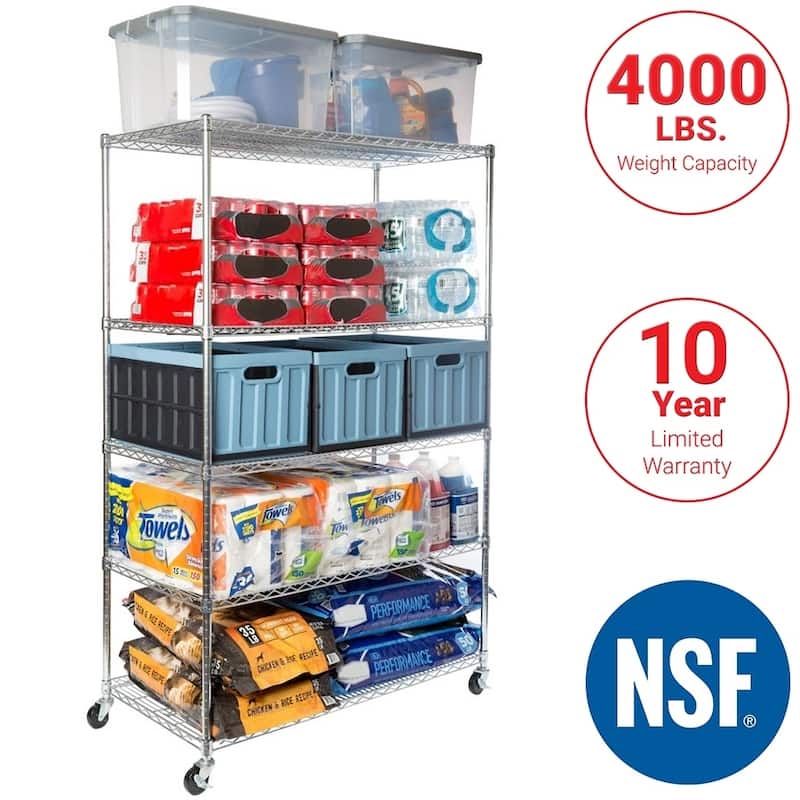 Seville Classics 48 in W x 24 in D x 72 in H, UltraDurable Commercial-Grade 5-Tier Steel Wire Shelving with Wheels