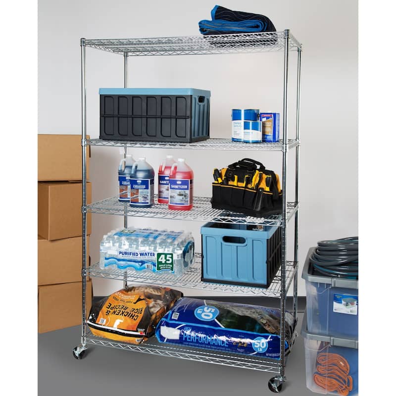 Seville Classics 48 in W x 24 in D x 72 in H, UltraDurable Commercial-Grade 5-Tier Steel Wire Shelving with Wheels