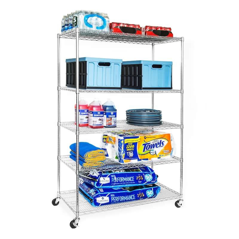 Seville Classics 48 in W x 24 in D x 72 in H, UltraDurable Commercial-Grade 5-Tier Steel Wire Shelving with Wheels
