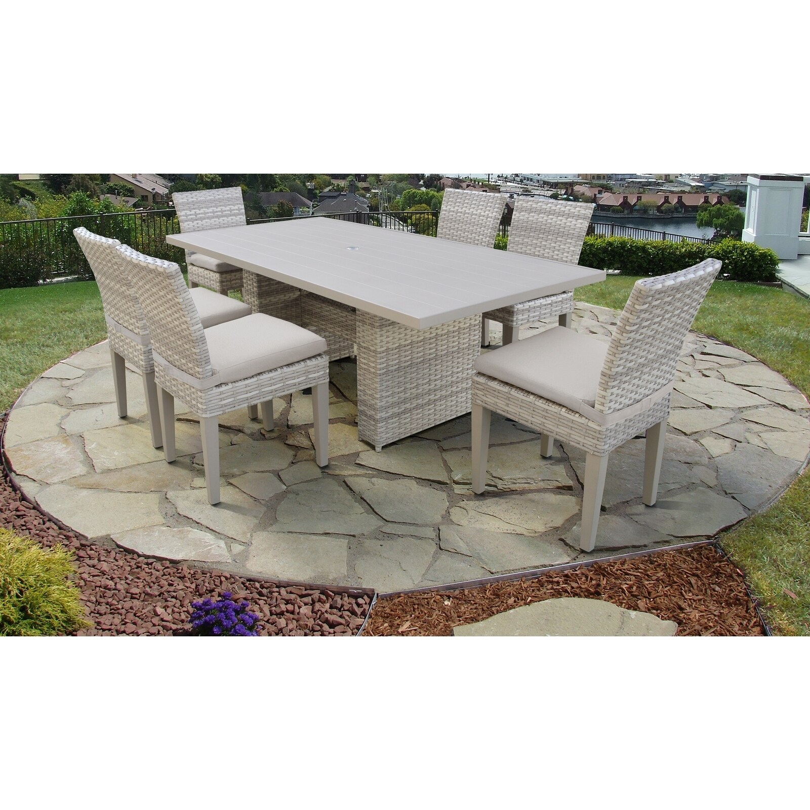 fairmont rectangular outdoor patio dining table with 6 armless chairs