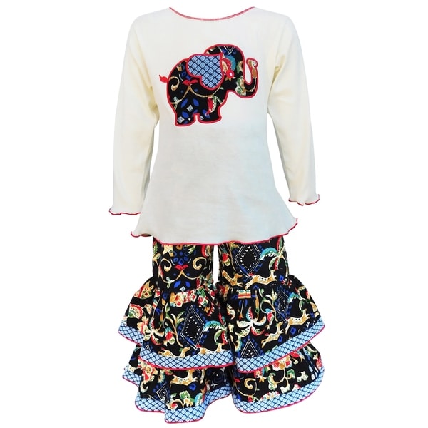 AnnLoren Girls Cream Cotton Elephant Top & Print Leggings Set
