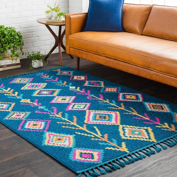 Boho Moroccan Tassel Blue Accent Rug - 2' x 3'