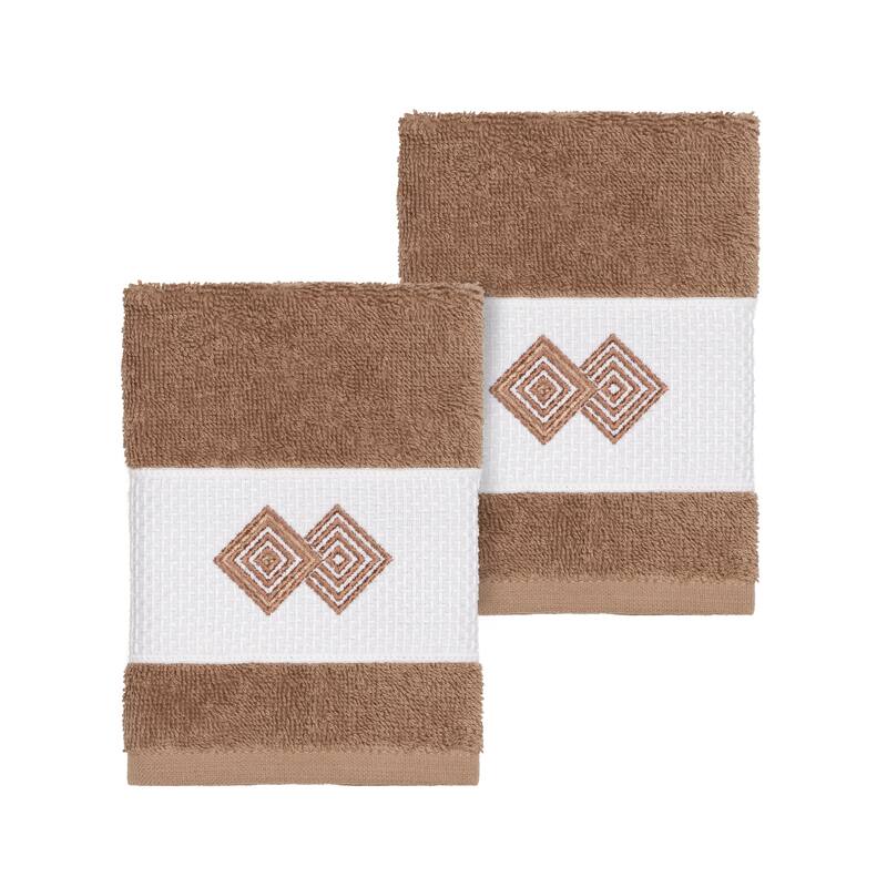 Authentic Hotel and Spa Turkish Cotton Diamonds Embroidered Latte Brown 2-piece Washcloth Set
