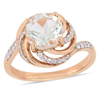 Miadora Rose Plated Sterling Silver Green Amethyst White Topaz and Diamond Swirl Halo Ring