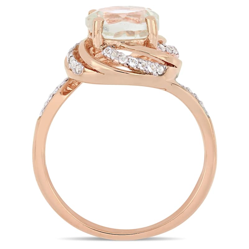 Miadora Rose Plated Sterling Silver Green Amethyst White Topaz and Diamond Swirl Halo Ring