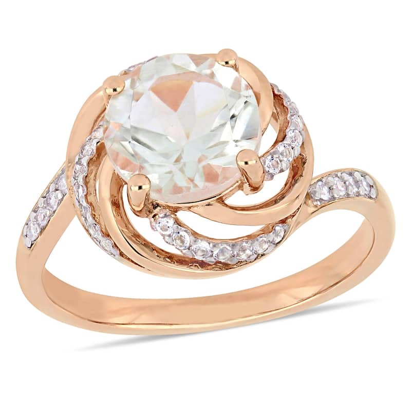 Miadora Rose Plated Sterling Silver Green Amethyst White Topaz and Diamond Swirl Halo Ring