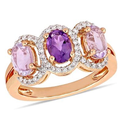 Miadora Rose Plated Sterling Silver Amethyst Rose de France with 1/5ct TDW Diamond 3-Stone Halo Ring