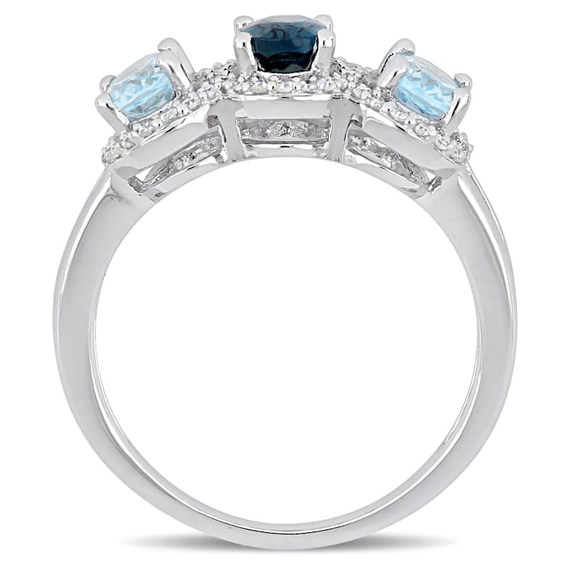 Miadora Sterling Silver London and Sky-Blue Topaz with 1/5ct TDW Diamond 3-Stone Halo Ring