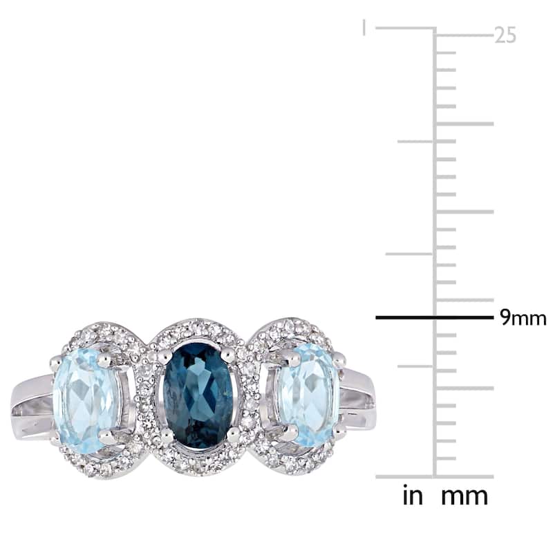 Miadora Sterling Silver London and Sky-Blue Topaz with 1/5ct TDW Diamond 3-Stone Halo Ring