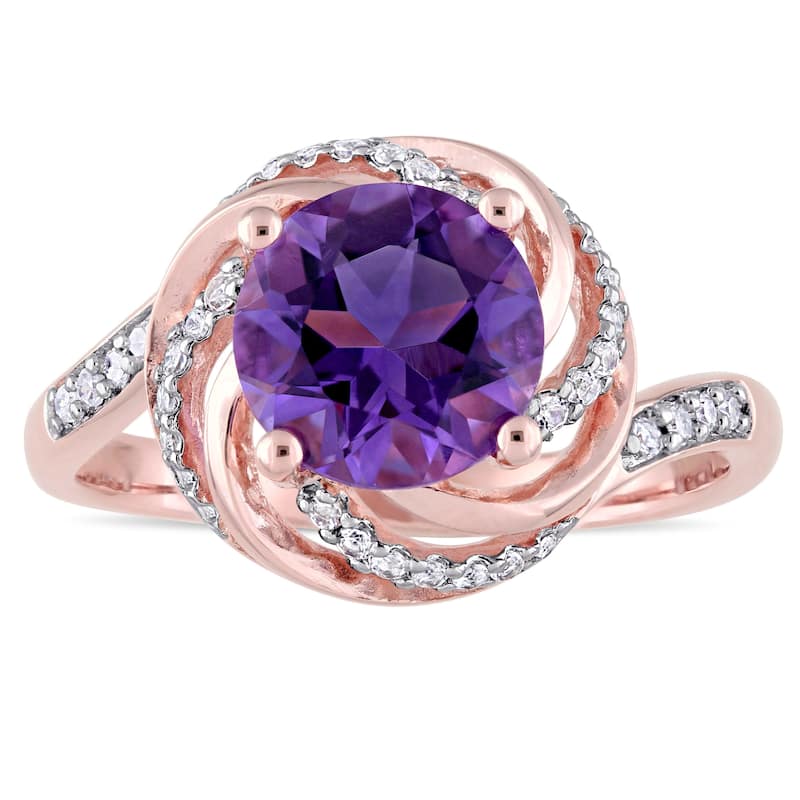 Miadora Rose Plated Sterling Silver Amethyst White Topaz and Diamond Swirl Halo Ring