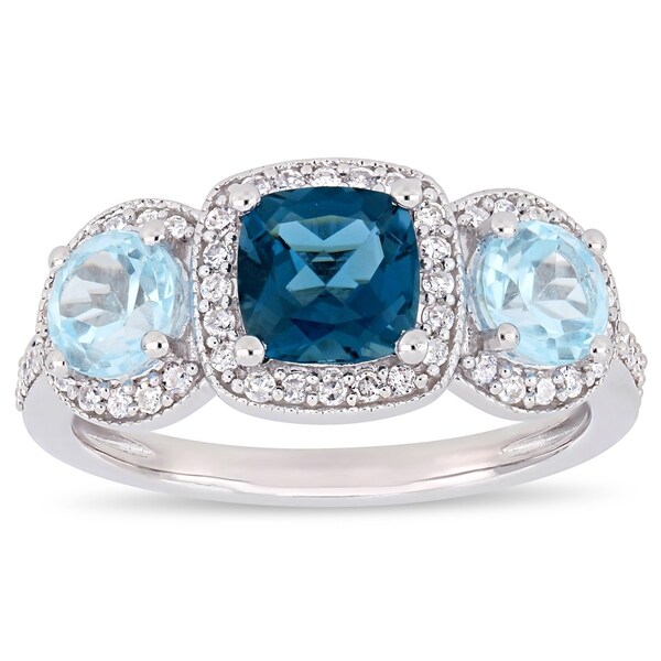 Sterling Silver Split Shank Blue Topaz and Pave Diamond Ring 1//3 TDW