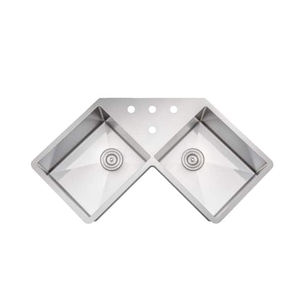slide 2 of 4, Wells Sinkware Handcrafted 46-inch 16-gauge Undermount Butterfly Equal Double Bowl Stainless Steel Corner Kitchen Sink