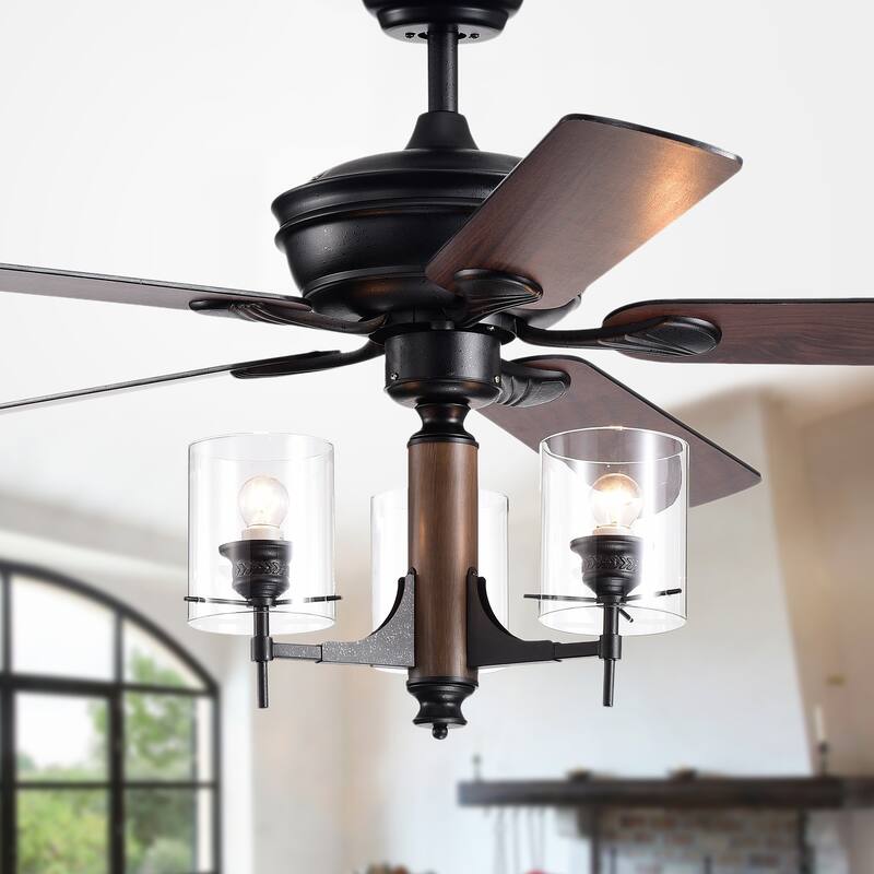 Saranac 5-Blade 52-Inch Forged Black Lighted Ceiling Fan w/ Clear Pillar Glass Lamps (Remote Controlled & Reversible Blades)