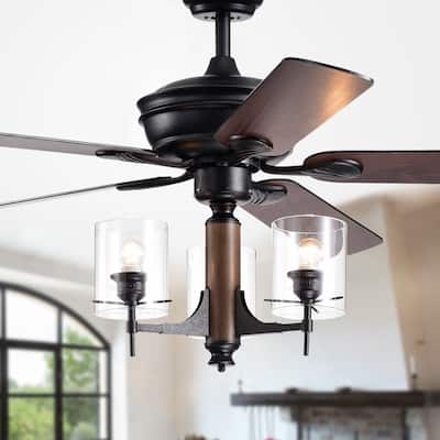 Saranac 5-Blade 52-Inch Forged Black Lighted Ceiling Fan w/ Clear Pillar Glass Lamps (Remote Controlled & Reversible Blades)