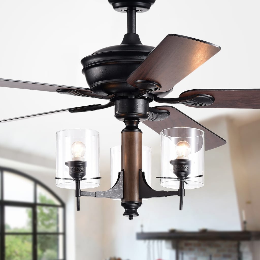 Saranac 5-Blade 52-Inch Forged Black Lighted Ceiling Fan w/ Clear Pillar Glass Lamps (Remote Controlled & Reversible Blades)