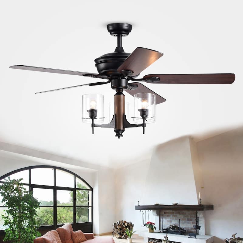 Saranac 5-Blade 52-Inch Forged Black Lighted Ceiling Fan w/ Clear Pillar Glass Lamps (Remote Controlled & Reversible Blades)