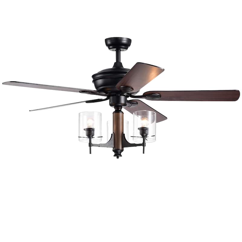 Saranac 5-Blade 52-Inch Forged Black Lighted Ceiling Fan w/ Clear Pillar Glass Lamps (Remote Controlled & Reversible Blades)
