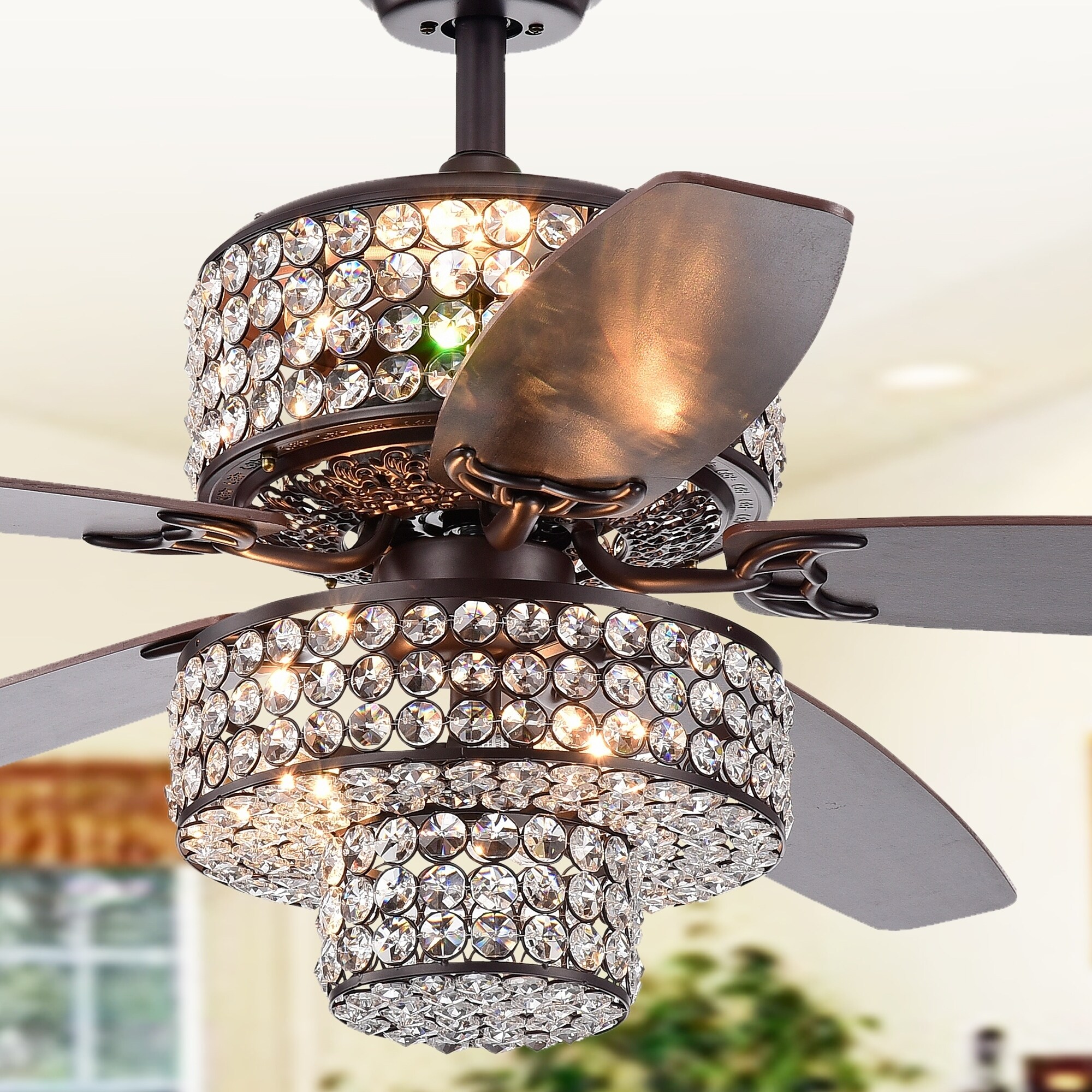 Tierna 5 Blade 52 Inch Rustic Bronze Lighted Ceiling Fans Two Tiered Crystal Shade Optional Remote Incl 2 Color Option Blades