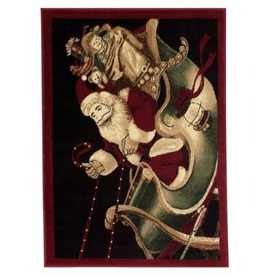 High Quality Woven Santa Claus on a Sled with Solid Border Area Rug - 4' 7" x 3' 3"