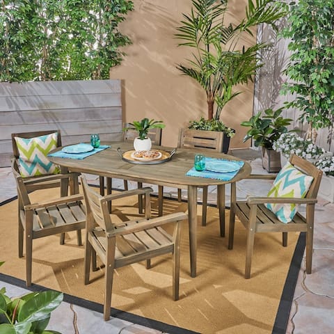 Stamford Outdoor 7-Piece Acacia Wood Dining Set with Oval Table by Christopher Knight Home