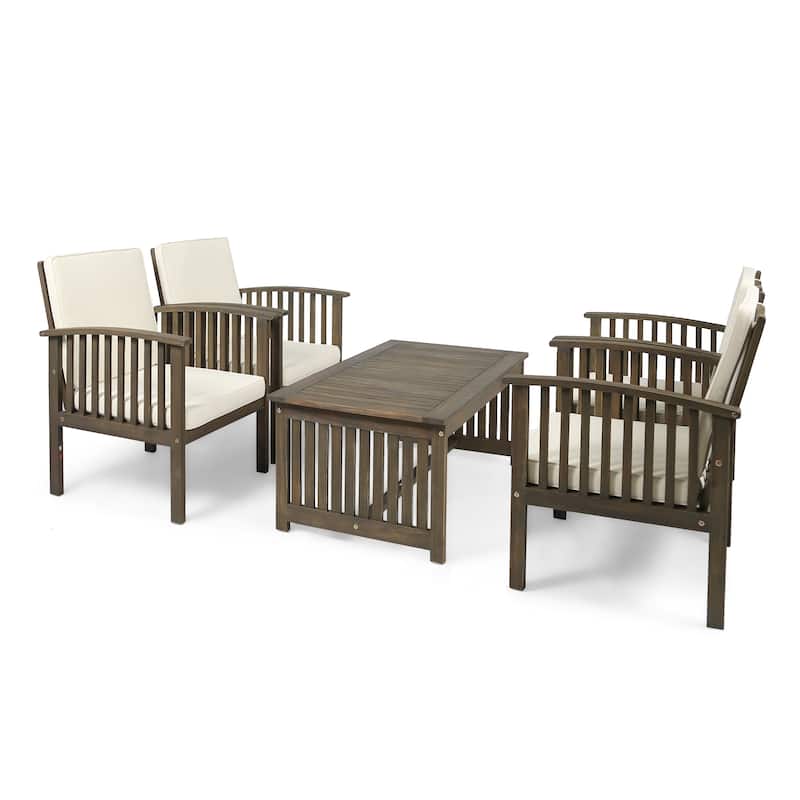Carolina Outdoor 4-Seater Acacia Wood Club Chairs with Coffee Table by Christopher Knight Home - Grey+Cream