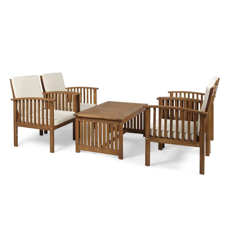 Carolina Outdoor 4-Seater Acacia Wood Club Chairs with Coffee Table by Christopher Knight Home - Brown+Cream
