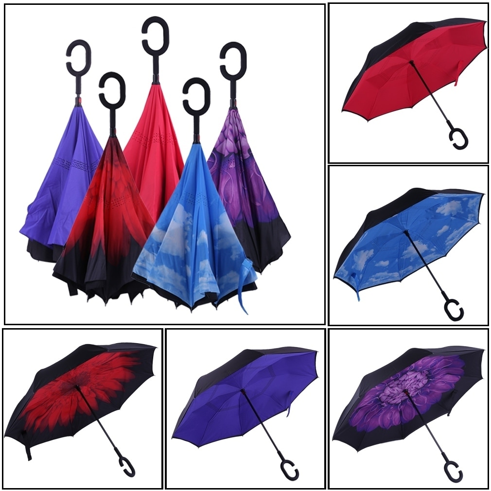Tie Dye Pattern Double Layer Windproof UV Protection Reverse Umbrella With C-Shaped Handle Upside-Down Inverted Umbrella For Car Rain Outdoor