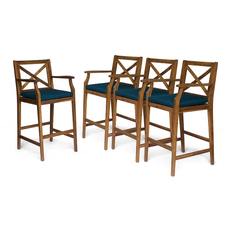Perla Outdoor Acacia Barstools (Set of 4) by Christopher Knight Home - Blue Cushion