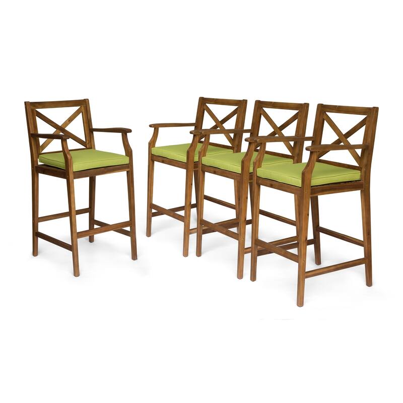 Perla Outdoor Acacia Barstools (Set of 4) by Christopher Knight Home - Green Cushion