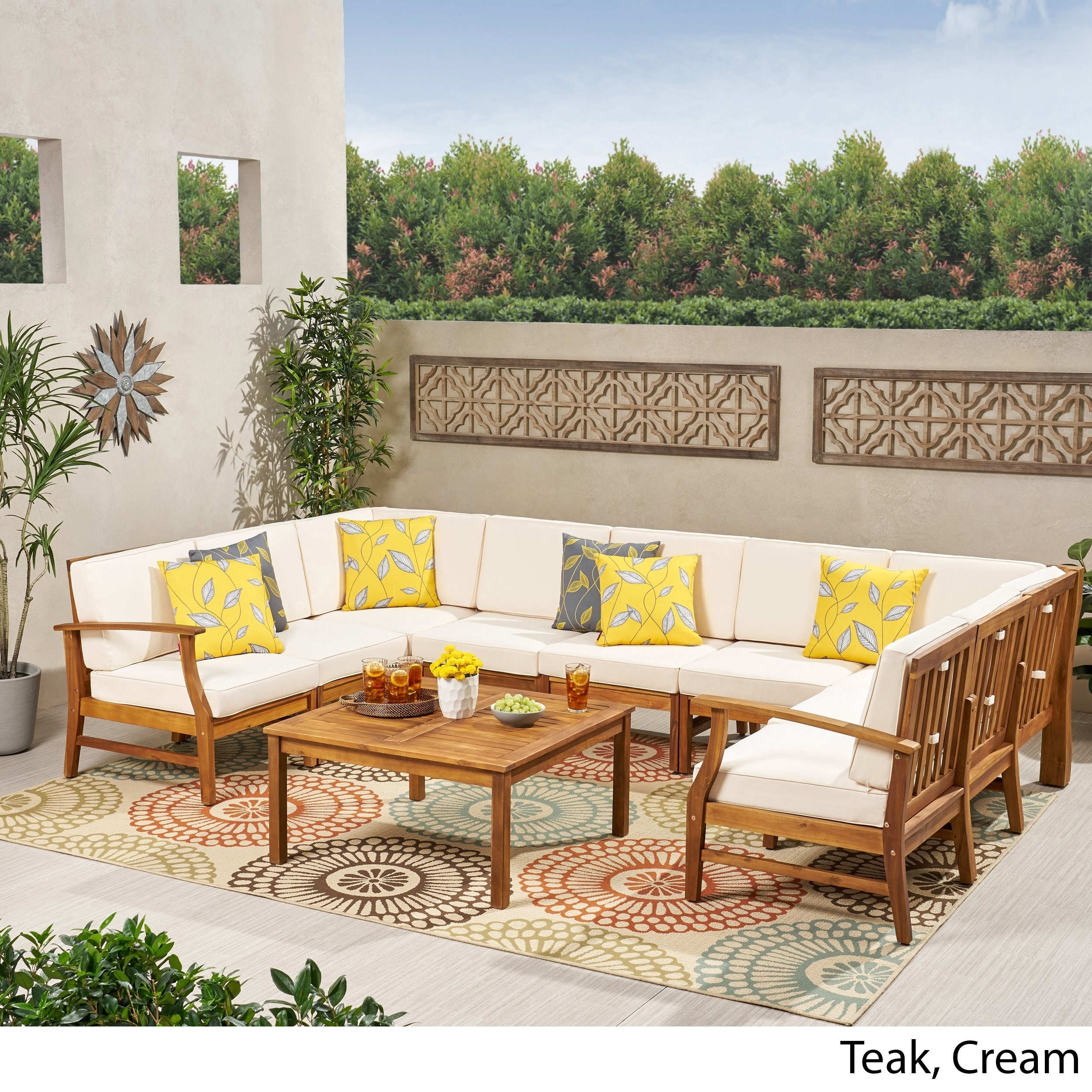Perla Outdoor 9 Seater Acacia Wood Sectional Sofa Set With Perla Outdoor 9 Seater Acacia Wood
