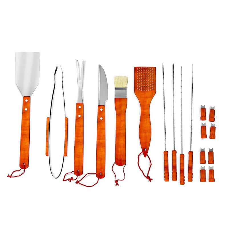 Wood BBQ Grill Tool Set- 18 Pc Stainless Steel Barbecue Accessories by Home-Complete