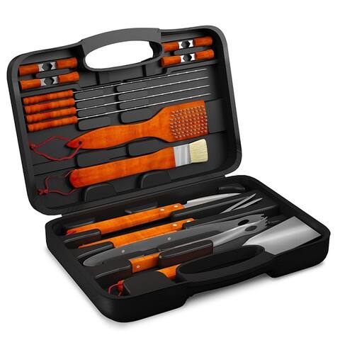 Wood BBQ Grill Tool Set- 18 Pc Stainless Steel Barbecue Accessories Home-Complete