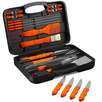 Wood BBQ Grill Tool Set- 22 Pc Stainless Steel Barbecue Accessories Home-Complete