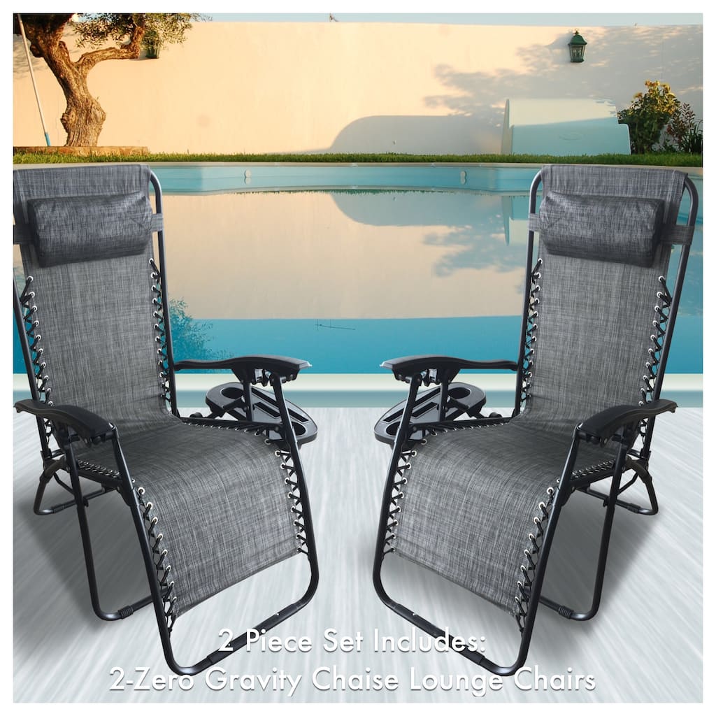 Zero Gravity Recliner / Lounger & Cup Holder in Grey Mesh Fabric 2Pk.