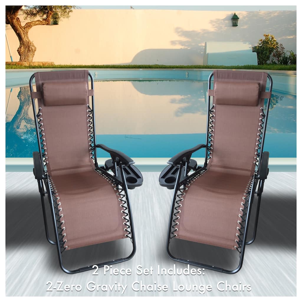Zero Gravity Recliner / Lounger & Cup Holder in Brown Mesh Fabric 2Pk.