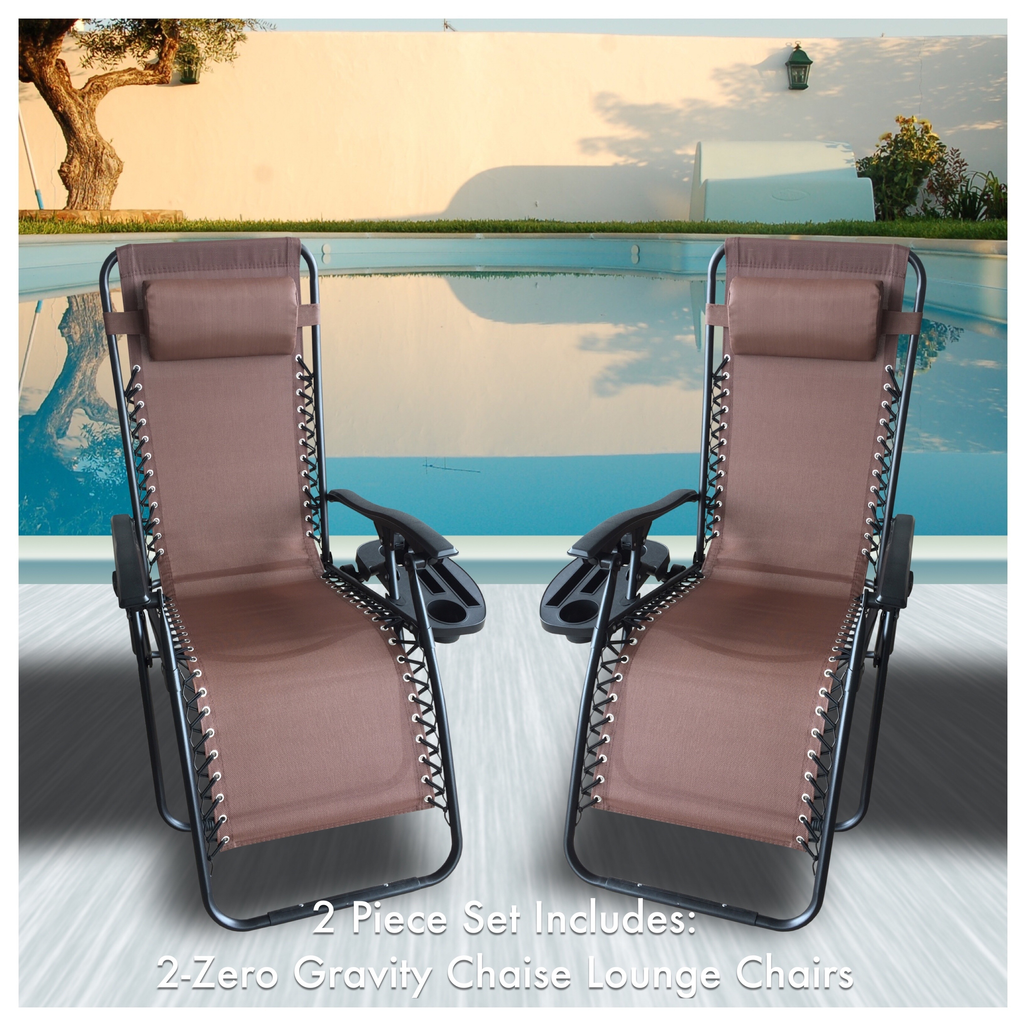 zero gravity recliner  lounger  cup holder in brown mesh fabric 2pk
