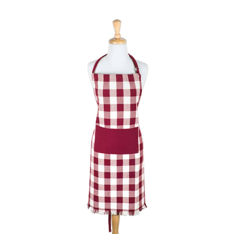 Design Imports Heavyweight Check Fringed Chef Kitchen Apron - Red