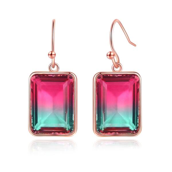 Rose Gold Plated Lab Created Emerald Cut Watermelon Tourmaline Drop Earrings