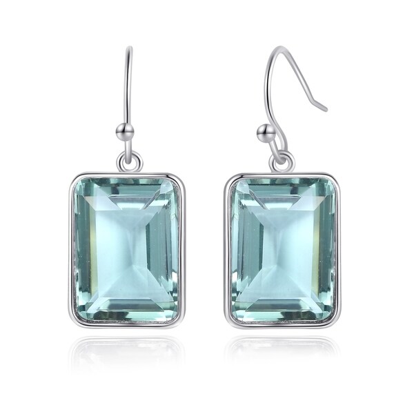 Rhodium Plated Lab Created Emerald Cut Green Amethyst Drop Rhodium Plated Lab Created Emerald Cut Green Amethyst Drop Earrings