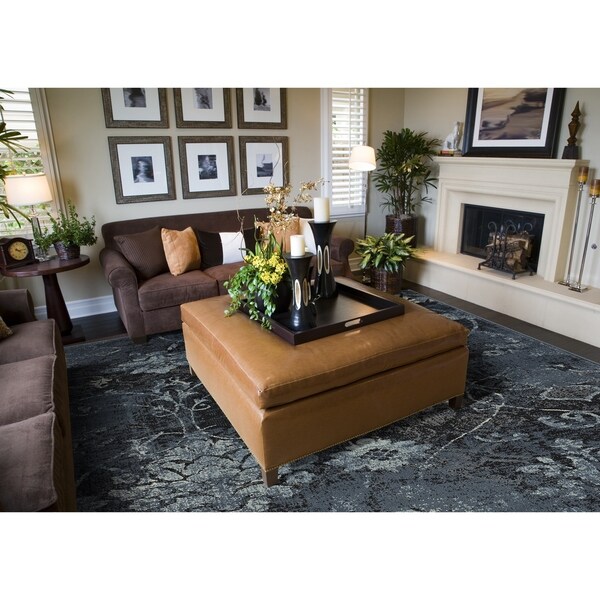 ADDISON Distinctive Distressed Dark Blue Damask Area Rug 4'11" x 7'5" - 4'11" x 7'5"